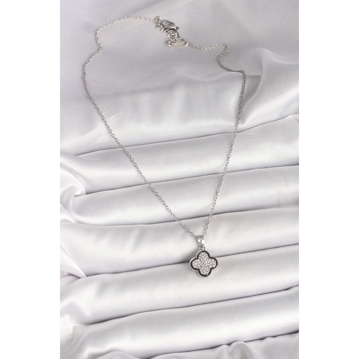 316L Çelik Gümüş Renk Zincir Zirkon Taşlı Yonca Model Kadın Kolye