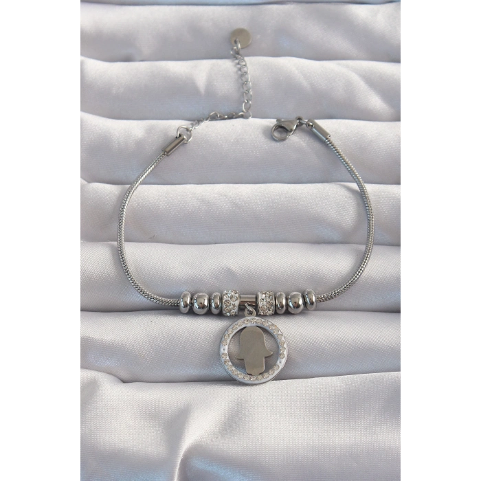 316L Çelik Gümüş Renk Zirkon Taş Aksesuarlı Fatma Ana Eli Bileklik