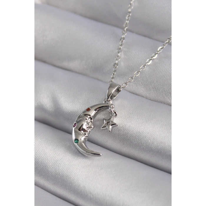 316L Çelik Gümüş Renk Zirkon Taşlı Ay Yıldız Model Kadın Kolye