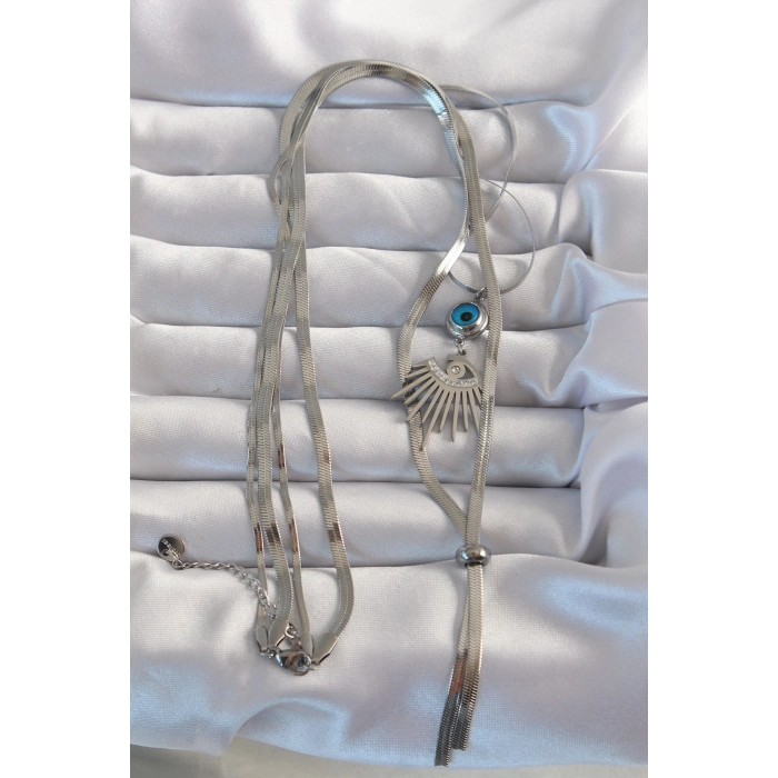 316L Çelik Gümüş Renk Zirkon Taşlı Göz Detay Nazarlı Uzun Asansör Model Kolye