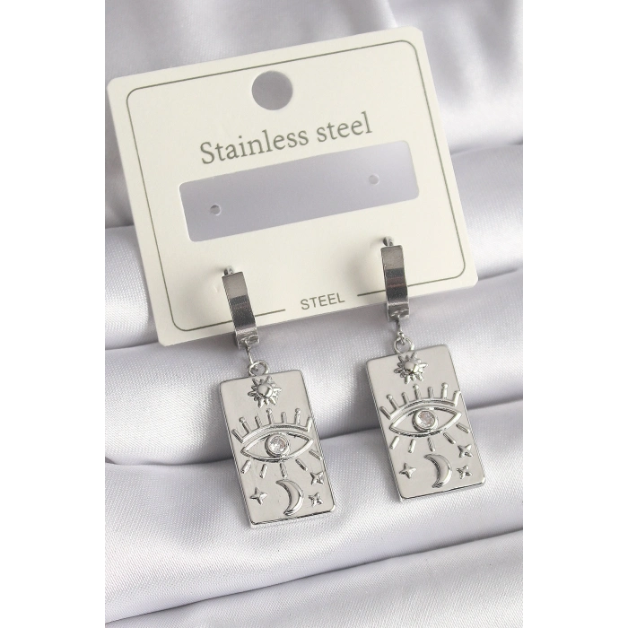 316L Çelik Gümüş Renk Zirkon Taşlı Göz İşleme Detaylı Plaka Model Kadın Küpe