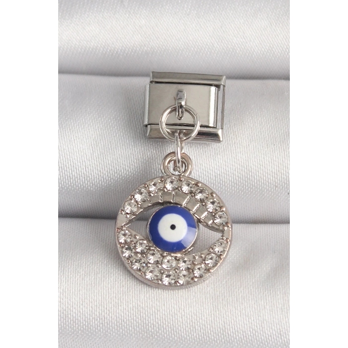 316L Çelik Gümüş Renk Zirkon Taşlı Göz Model Nazar Boncuk Detay Nomination Charm