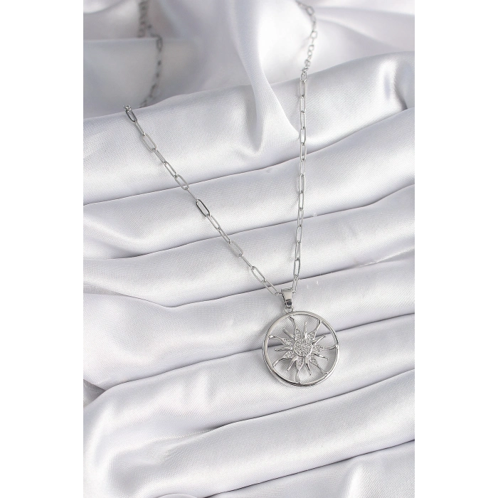 316L Çelik Gümüş Renk Zirkon Taşlı Güneş Madalyon Model Kadın Kolye