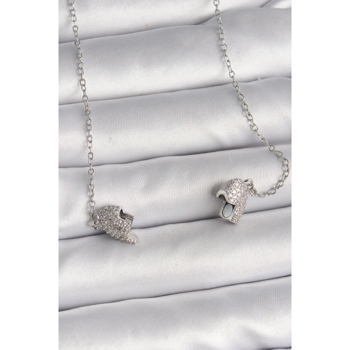 316L Çelik Gümüş Renk Zirkon Taşlı Mıknatıslı Kalp Model Kadın Kolye