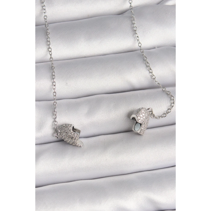 316L Çelik Gümüş Renk Zirkon Taşlı Mıknatıslı Kalp Model Kadın Kolye