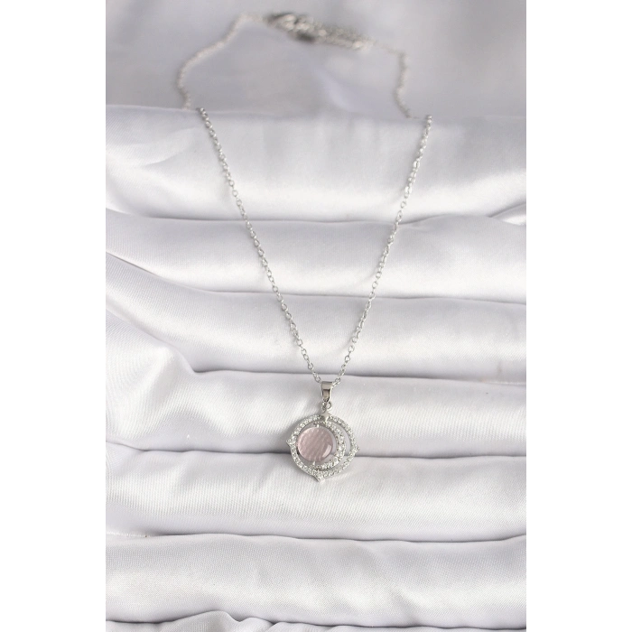 316L Çelik Gümüş Renk Zirkon Taşlı Pembe Sedefli Hilal Model Kadın Kolye