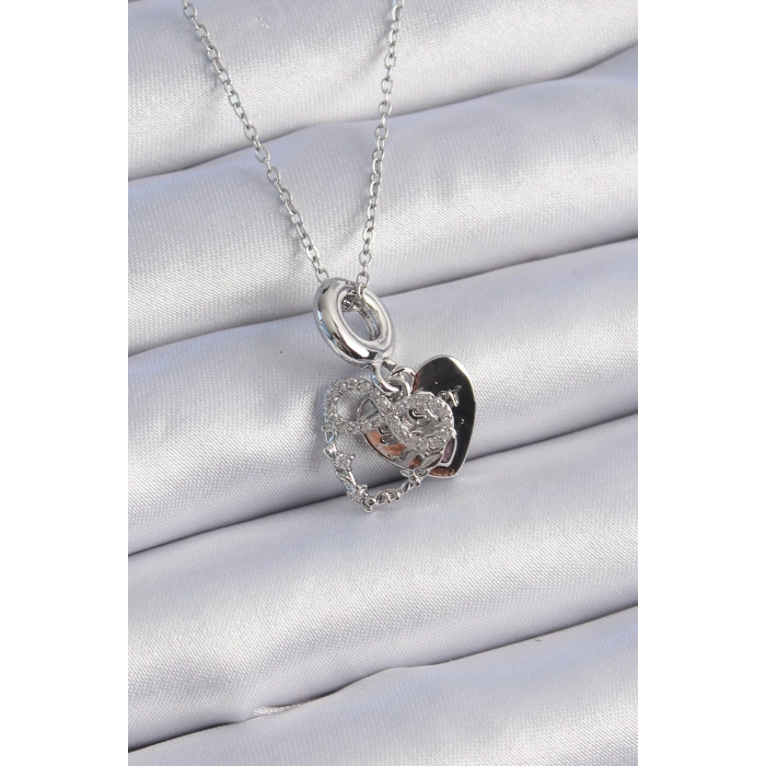 316L Çelik Gümüş Renk Zirkon Taşlı Sonsuzluk Kalp Figür Charm Model Kadın Kolye