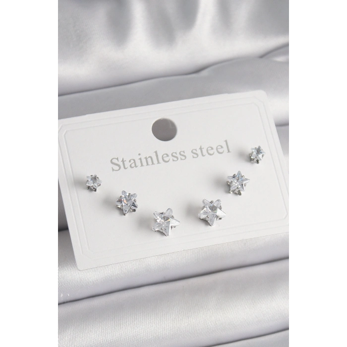 316L Çelik Gümüş Renk Zirkon Taşlı Yıldız Model Kadın Küpe Seti