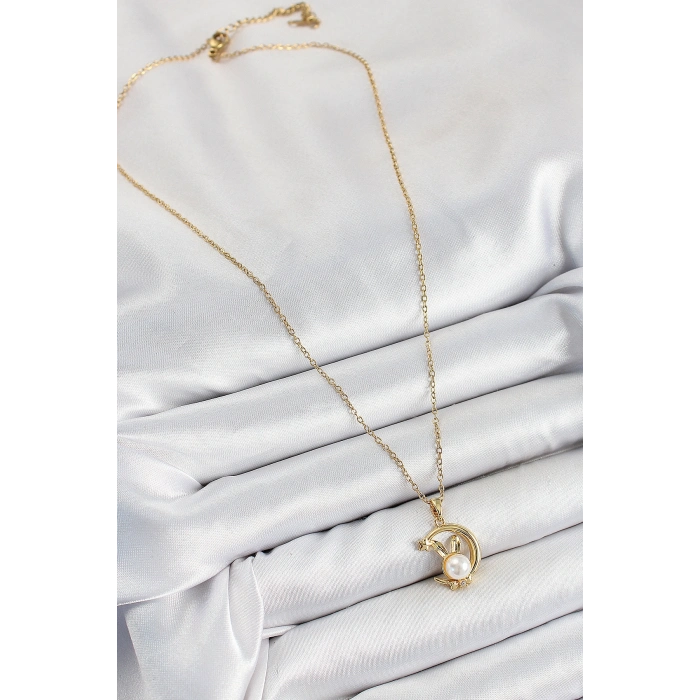 316L Çelik İnci Detaylı Hilal Tavşan Model Gold Renk Kadın Kolye