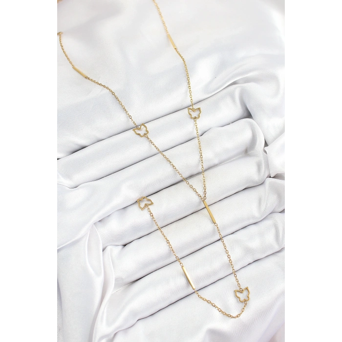 316L Çelik Kelebek Figürlü Y Model Gold Renk Kadın Kolye