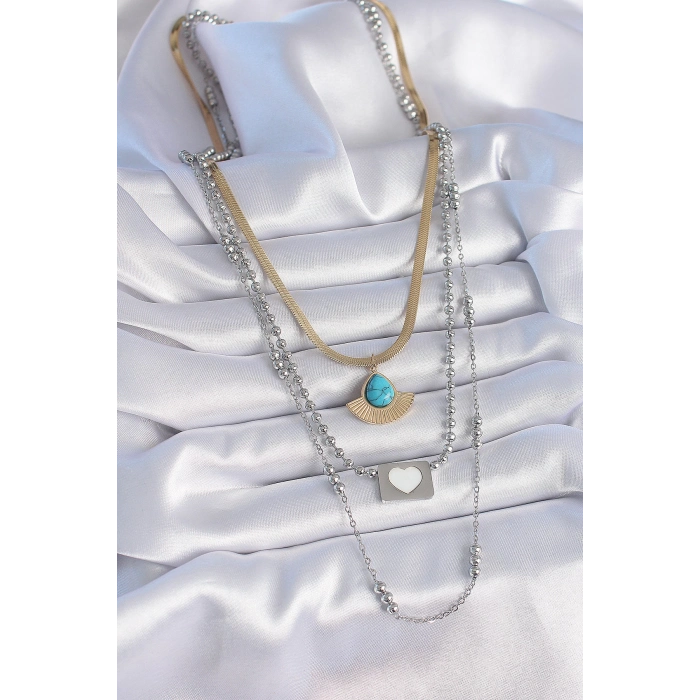 316L Çelik Mix Renk 3lü Zincir Damla Madalyon Figür Uzun Kadın Kolye