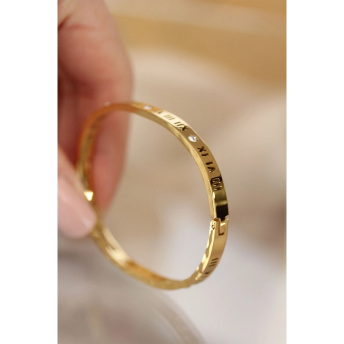 316L Çelik Roma Rakamlı Gold Renk Bilezik Kelepçe