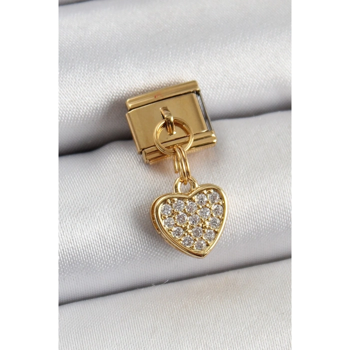316L Çelik Sallantılı Zirkon Taşlı Kalp Model Gold Renk Nomination Charm