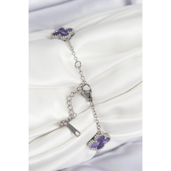 316L Çelik Sedefli Mor Gümüş Renk Yonca Kadın Bileklik