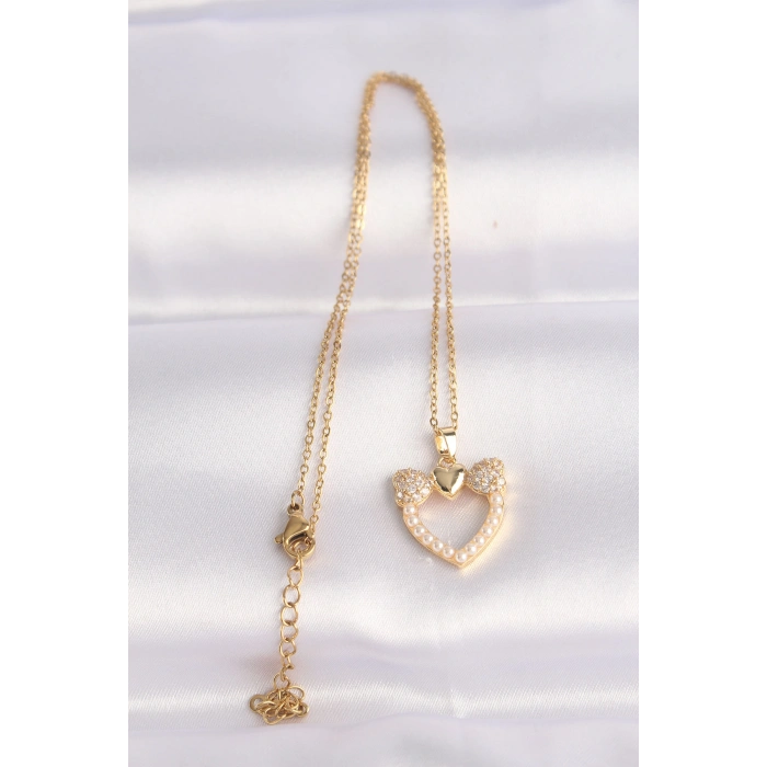 316L Çelik Zincir Altın Renk İnci Taş Detay Zirkon Taşlı Kalp Kolye