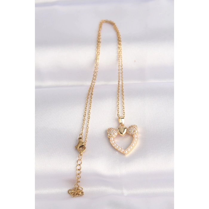 316L Çelik Zincir Altın Renk İnci Taş Detay Zirkon Taşlı Kalp Kolye