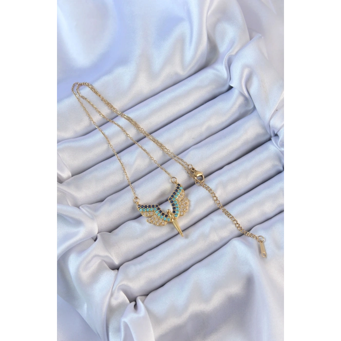 316L Çelik Zincir Altın Renk Mavi Zirkon Taşlı Mikail Meleği Kolye