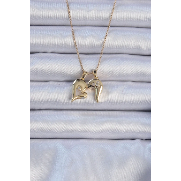 316L Çelik Zincir Altın Renk Zirkon Taşlı Mıknatıslı Kalp Kolye