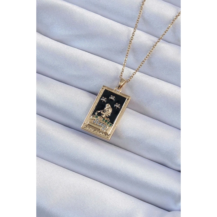 316L Çelik Zincir Altın Renk Zirkon Taşlı Siyah Mineli Kız Figürlü Tarot Kolye