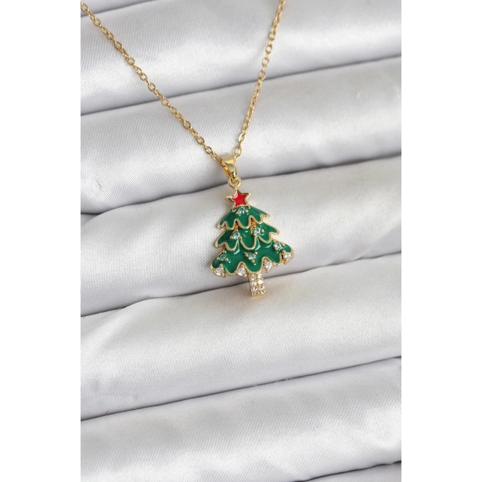 316L Çelik Zincir Gold Renk Çam Ağacı Model Yılbaşı Temalı Kadın Kolye