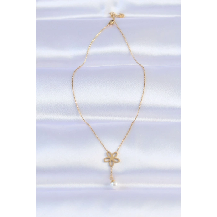 316L Çelik Zincir Gold Renk İnci Detay Çiçek Kolye