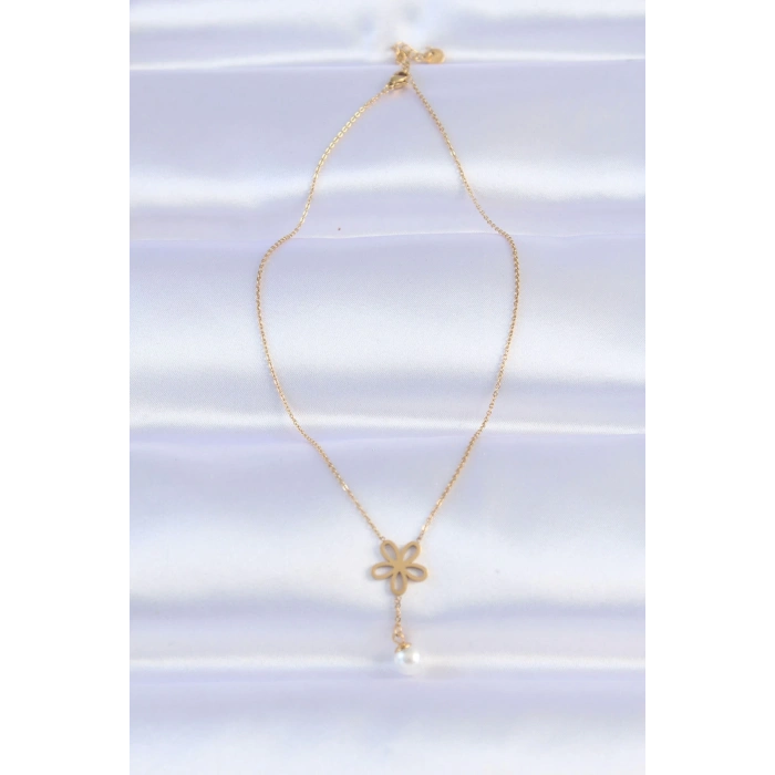 316L Çelik Zincir Gold Renk İnci Detay Çiçek Kolye