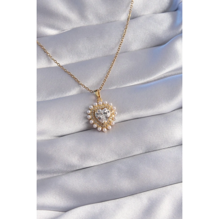 316L Çelik Zincir Gold Renk İncili Zirkon Taşlı Kalp Tasarımlı Kolye