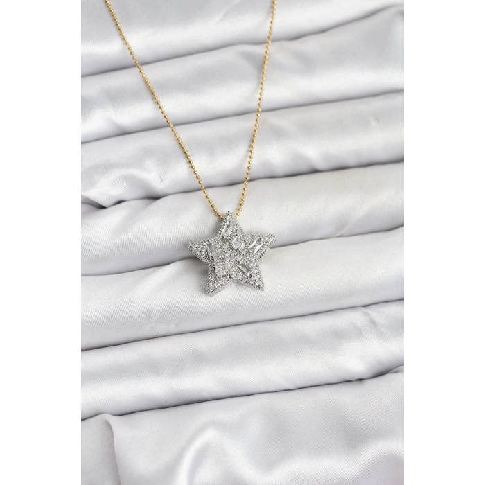 316L Çelik Zincir Gold Renk Zincirli Gümüş Yıldız Model Kadın Kolye