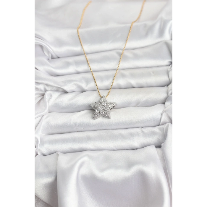 316L Çelik Zincir Gold Renk Zincirli Gümüş Yıldız Model Kadın Kolye