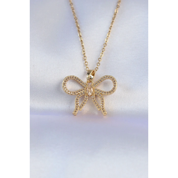 316L Çelik Zincir Gold Renk Zirkon Taşlı Fiyonk Kolye