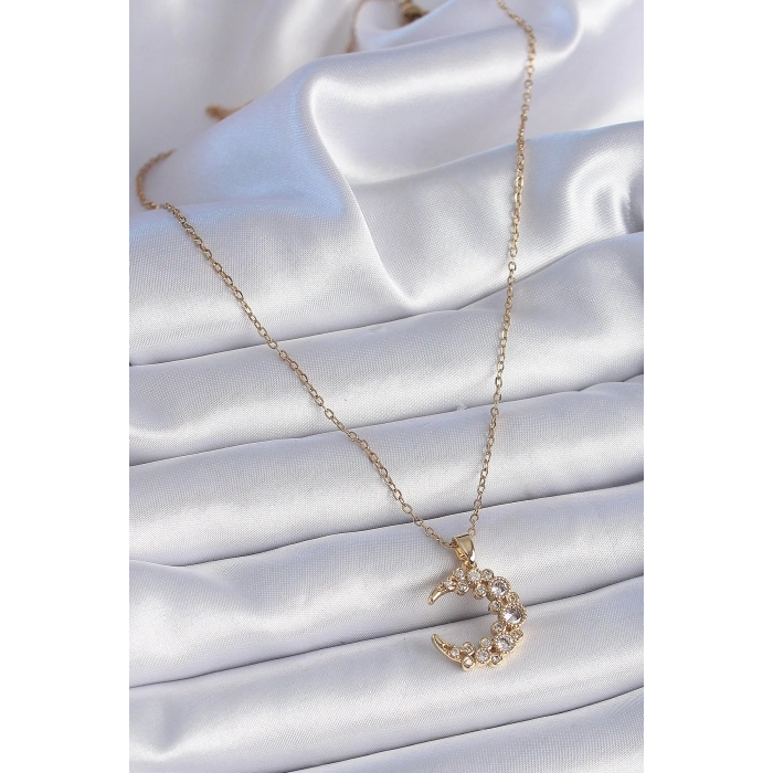 316L Çelik Zincir Gold Renk Zirkon Taşlı Hilal Model Kadın Kolye