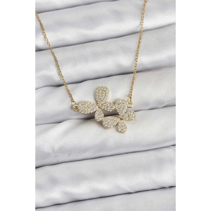 316L Çelik Zincir Gold Renk Zirkon Taşlı Kelebek Model Kadın Kolye