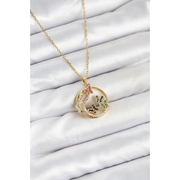 316L Çelik Zincir Gold Renk Zirkon Taşlı Kelebekli Kadın Kolye