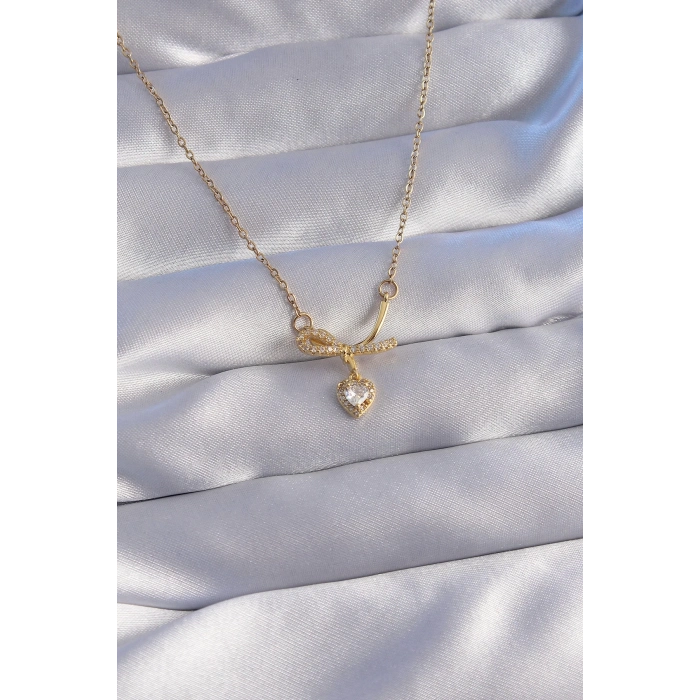316L Çelik Zincir Gold Renk Zirkon Taşlı Yarım Fiyonk Kalp Kolye