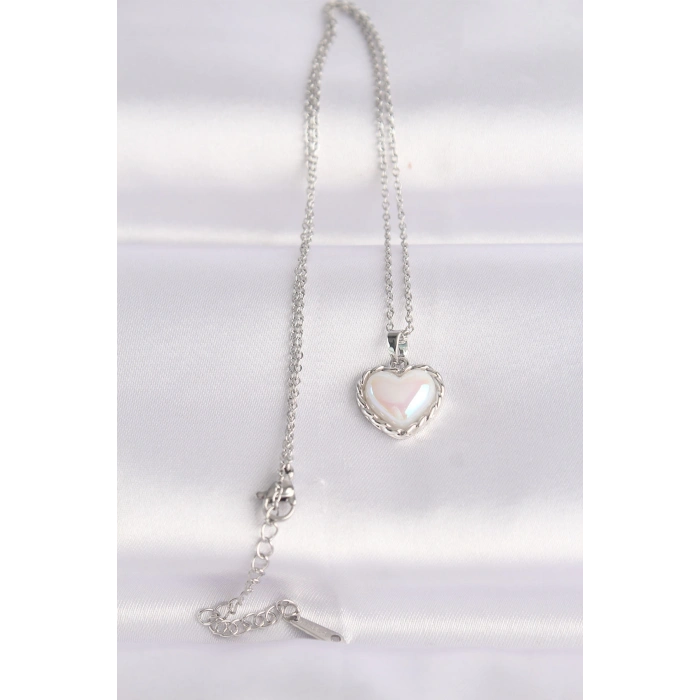 316L Çelik Zincir Gümüş Renk Beyaz Taşlı Bombeli Kalp Kolye
