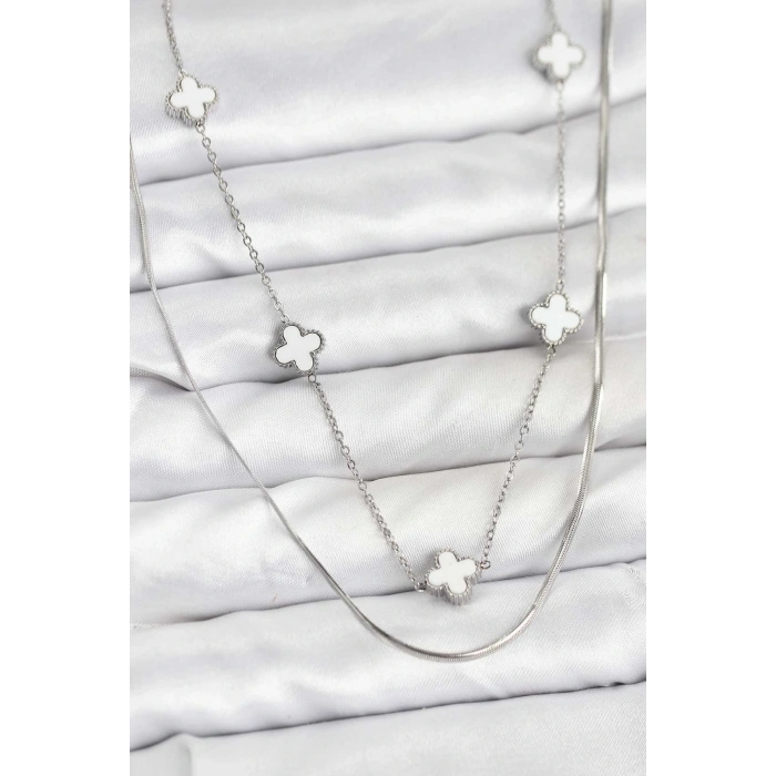 316L Çelik Zincir Gümüş Renk İtalyan Zincirli Yonca Model Kadın Kolye