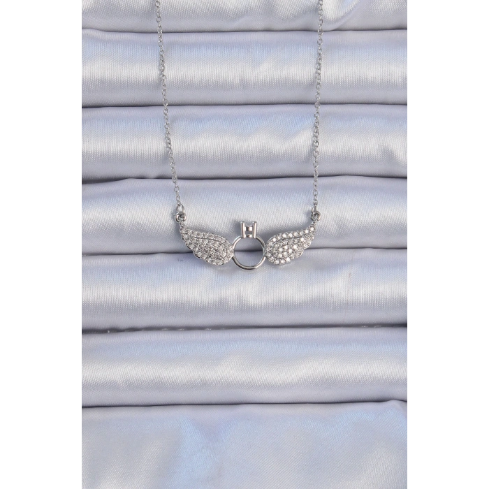 316L Çelik Zincir Gümüş Renk Kanatlı Tektaş Kolye