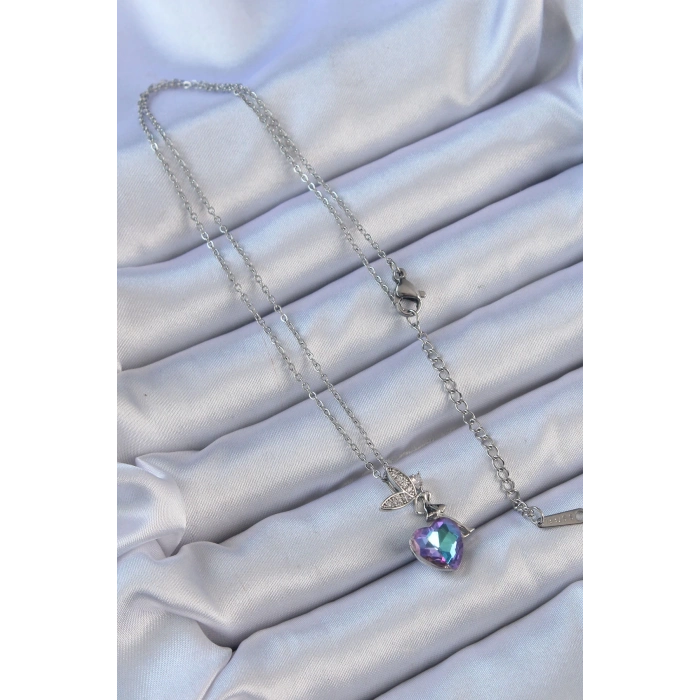 316L Çelik Zincir Gümüş Renk Mor Mavi Renk Zirkon Taşlı Kalp Detay Peri Kolye