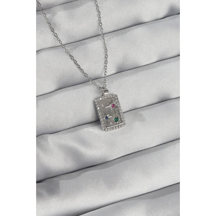 316L Çelik Zincir Gümüş Renk Renkli Zirkon Taşlı Vintage Kolye