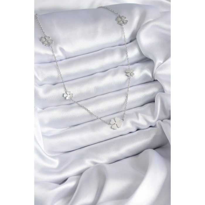 316L Çelik Zincir Gümüş Renk Yonca Model Kadın Kolye