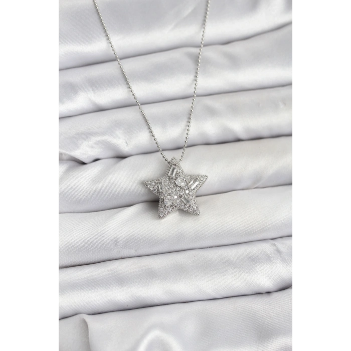316L Çelik Zincir Gümüş Renk Zincirli Gümüş Yıldız Model Kadın Kolye