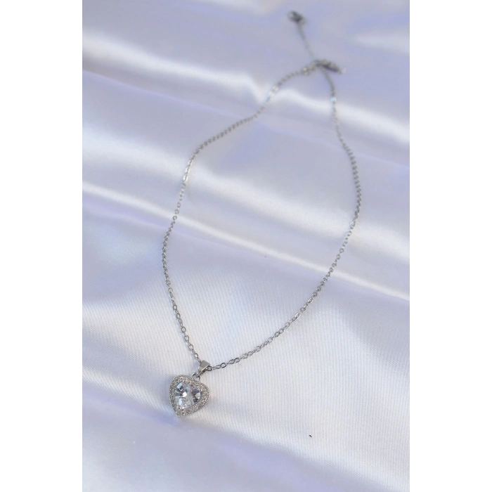 316L Çelik Zincir Gümüş Renk Zirkon Taşlı Charm Kalp Kolye