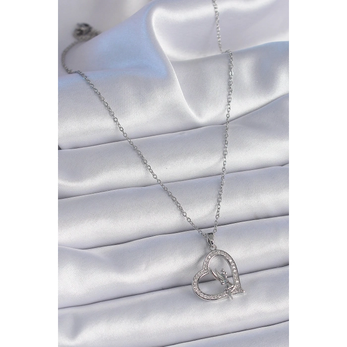 316L Çelik Zincir Gümüş Renk Zirkon Taşlı Kalp Model Melek Detay Kadın Kolye