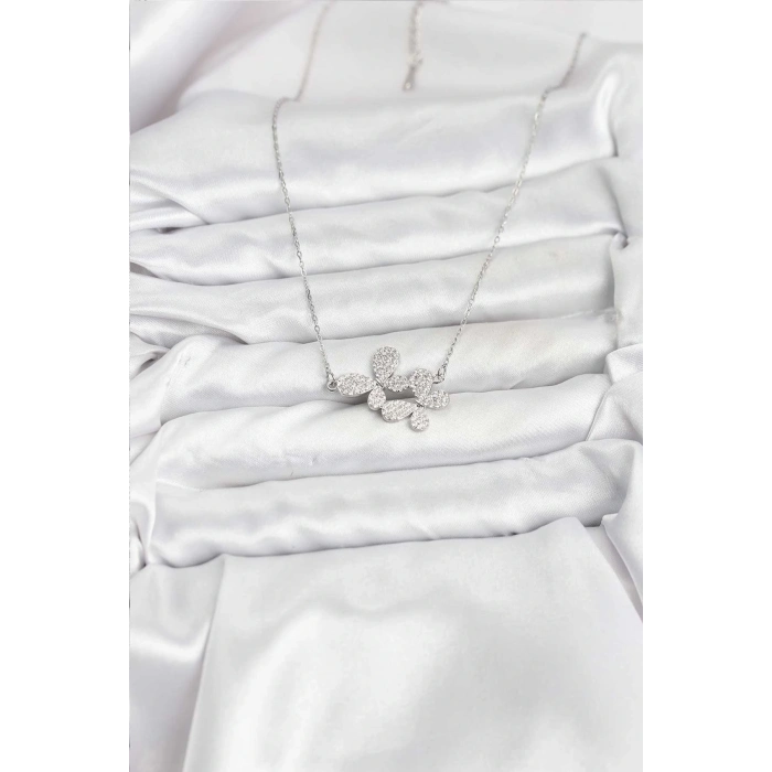 316L Çelik Zincir Gümüş Renk Zirkon Taşlı Kelebek Model Kadın Kolye