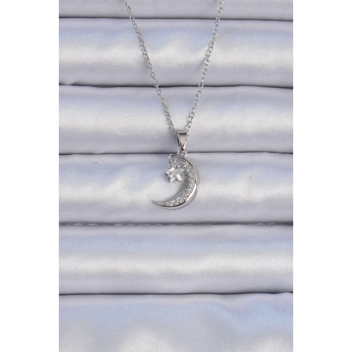 316L Çelik Zincir Gümüş Renk Zirkon Taşlı Sallantılı Ay Yıldız Kolye