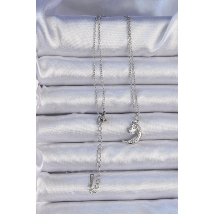316L Çelik Zincir Gümüş Renk Zirkon Taşlı Sallantılı Ay Yıldız Kolye