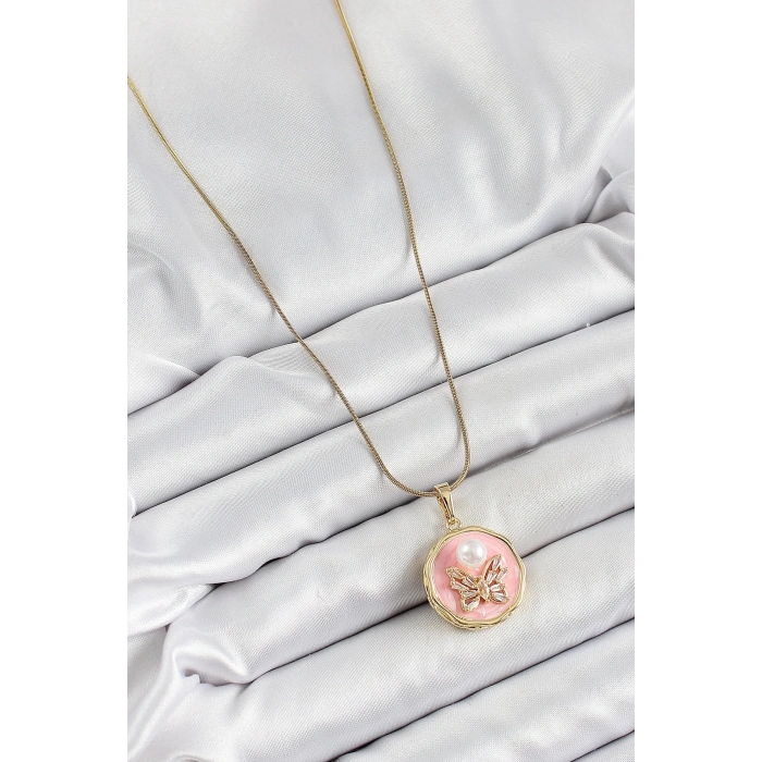 316L Çelik Zincir Zirkon Taşlı Pembe Sanatsal Portre İnci Detaylı Kelebek Model Gold Renk Kadın Kolye