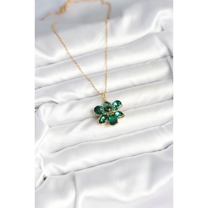 316L Çelik Zincirli Yeşil Çiçek Model Kadın Kolye