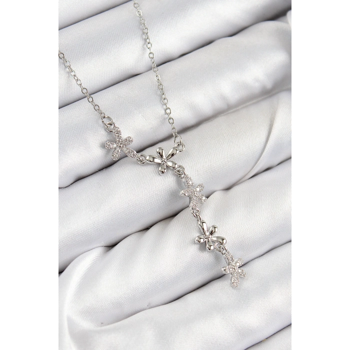 316L Çelik Zirkon Taşlı Çiçek Model Gümüş Renk Kadın Kolye