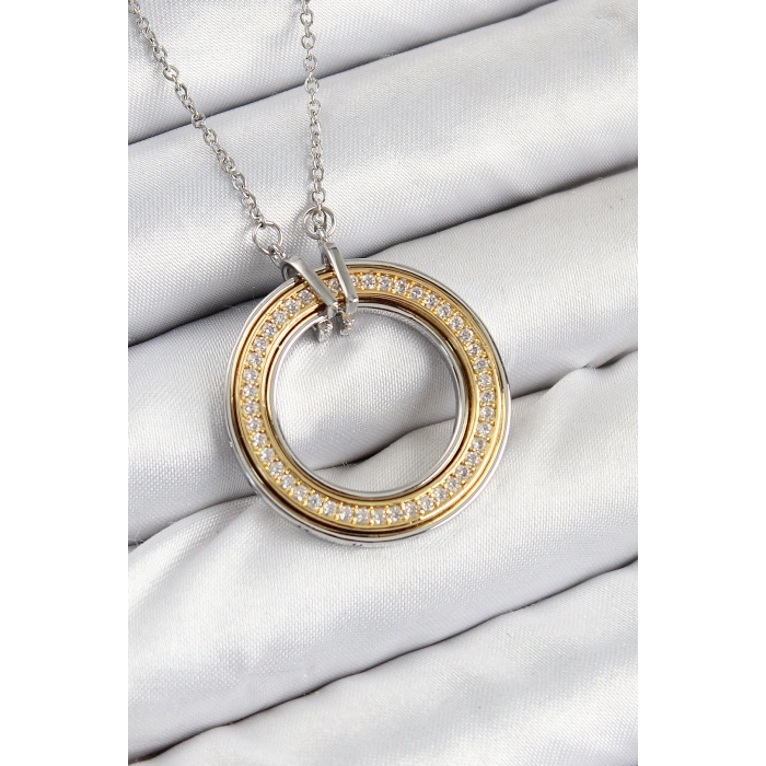 316L Çelik Zirkon Taşlı Dönen Daire Model Gold Ve Gümüş Renk Kadın Kolye